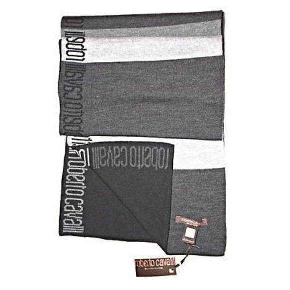 ROBERTO CAVALLI Scarves LOGO Gray BLACK Scarf 100% WOOL Sciarpa 25